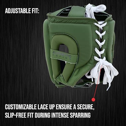 Authentic Series A2 Boxing Headgear - Premium Leather Head Guard for Kids and Adults in MMA, Kickboxing, Muay Thai, Karate, Martial Arts, and Taekwondo - color: Green, size: Small-Medium