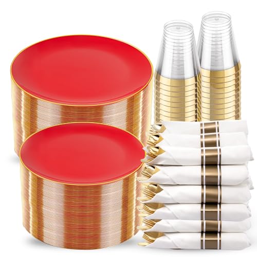 KIRE 350 PCS Red and Gold Plastic Plates - Plastic Dinnerware for Christmas - color: 350PCS red