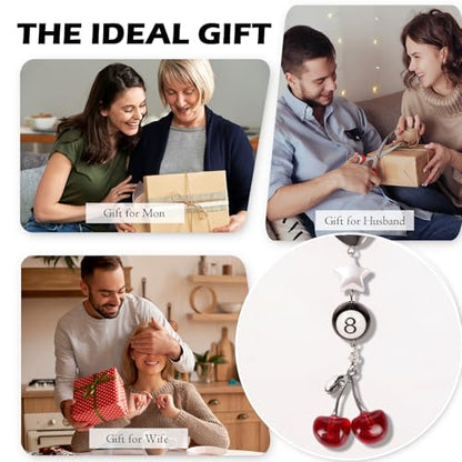 Cherry Car Charm - Silver Black 8 Ball Dice with Beads Rear View Mirror Charms Cars Accessories, Interior Y2K Aesthetic Hanging Ornament Pendant for Women Men - style: Cherry