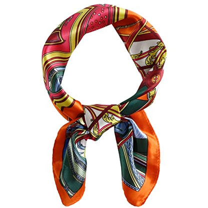 QBSM Womens 23.6 inch Satin Silk Feeling Formal Square Neck Scarf Head Hair Wraps Kerchief - color: Carriage Wheel-orange