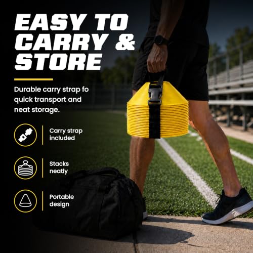 American Challenge Large Disc Cones – Set of 6 Agility Cones for Sports Training – Compact Soccer Cones with Carry Strap for Drills & Practice - color: Yellow