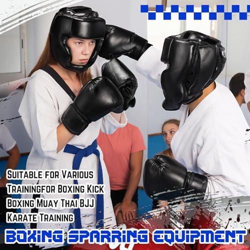 Arrowbash Set of 2 Boxing Headgear and Gloves for Adults 10oz Boxing Gloves Full Face Headgear Sparring Equipment for Martial Arts Muay Kickboxing Taekwondo Karate Training - color: Black, style: Classic