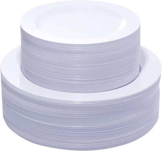 KIRE 120PCS White Plastic Plates - Heavy Duty White Disposable Plates for Party/Wedding - Include 60Pieces 10.25inch Dinner Plates - 60Pieces 7.5inch Dessert/Salad Plates - color: White