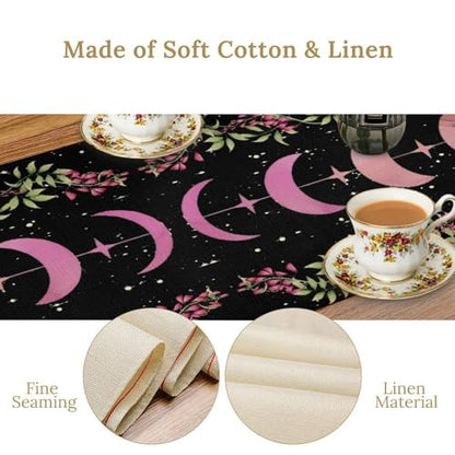 Moon Phase Wisteria Table Runner,Pink Stars Boho Floral Wildflower Moonlit Gothic Kitchen Table Decoration for Holiday Party Study Living Bedroom Dresser Cabin Cafe Wedding Decor 13×60in