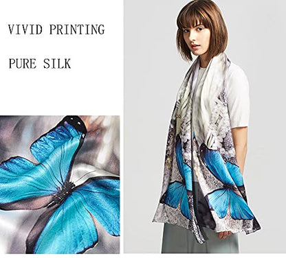 ANDANTINO 100% Silk Long Scarf-Women Large Oblong Shawls with Gift Packed - color: Blue Butterflies