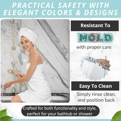 ENKOSI Non-Slip Bath & Shower Mat 40x16 Extra Long, Suction & Drain Holes | Elegant Grey Marble print; Durable PVC; 40x16 in, Grey Marble - color: Marble Gray