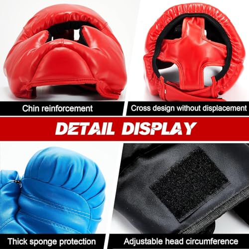 Kanayu 3 Pieces Boxing Headgear and 3 Pairs Gloves Set Shockproof Leather Boxing Helmet Safety Head Guard Punching Bag Gloves for Men Women Youth Beginners - color: Black, Blue, Red