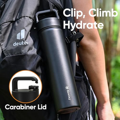 24 oz Insulated Water Bottle, 2-in-1 Lid, Straw & Spout with Protected, Leak Proof, Keep Cold 24H, Cup Holder Fit, Stainless Steel, Metal, Reusable, for Travel, Gym and School, 2 Lids, Midnight Black - color: Midnight Black, size: 24 Ounces