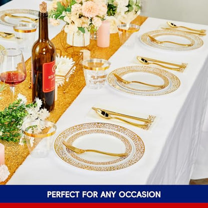 210 Count Gold Plastic Dinnerware, Gold Disposable Plates, Includes: 30 Dinner & 30 Dessert Plates & 30 Cups & 30 Paper Napkins & 30 Plastic Silverware Set -for Thanksgiving, Christmas, Parties - color: Gold