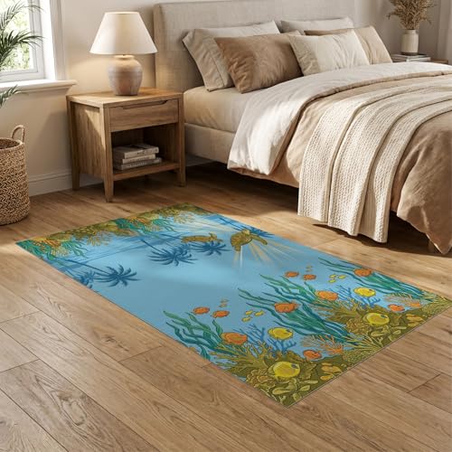 5'x7' Washable Beachy Sea Turtle Area Rug, Teal Non-Shedding Pet Friendly Carpet Easy Care Kids Safe Mat for Small Living Room, Playroom, Bedroom | Ref:1991881 - color: Blue/Pattern 46, size: 5' x 7' (Rectangular)
