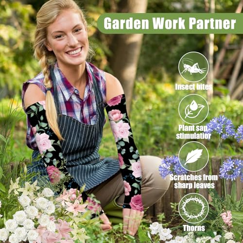 Bebila Gardening Sleeves for Women Farm UV Sun Protection Anti-Scratch Cooling Sleeves with Thumb Hole Arms Cover Outdoors - color: Black Rose