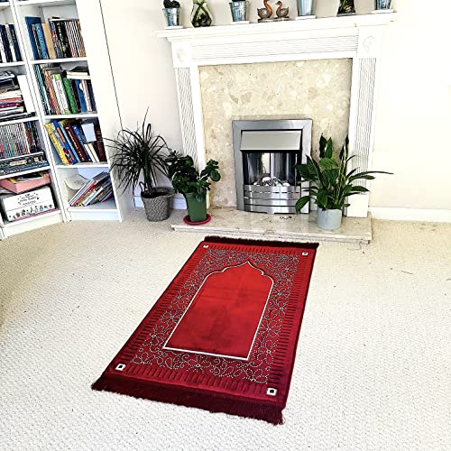 Mihrab Patterned Original Luxury Velvet Prayer Mat/Rug- 750g Weight | Made in Turkey (Burgundy) - color: Burgundy