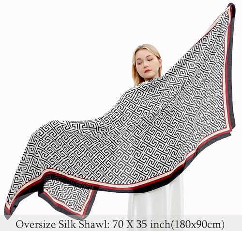 Women Silk Scarves Long Satin Lightweight Outdoor Shawl Wraps Printed Head Scarf 70''X35'' - color: 108-black/White