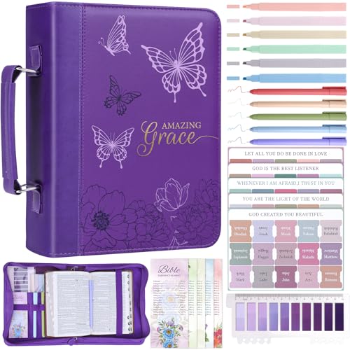 XKDOUS Bible Cover for Women Leather Bible Bag Large Book Carrying Case Kit - color: Purple & Butterflies