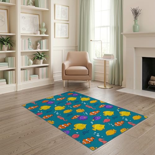 4'x6' Blue Contemporary Marine Fish Design Washable Area Rug | Playful Cartoon Ocean Creatures for Home Office, Under Desk, Non-Slip Chair-Friendly, Flatwoven - color: Blue/Pattern 15, size: 4' x 6' (Rectangular)