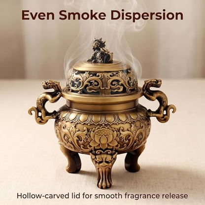 Solid Brass Chinese Incense Burner, Antique Censer, 670g, 2.76in Opening | Feng shui incense burner, Fu Lion Foo Dog lid, altar, home shrine, meditation corner, office desk, brings harmony and peace