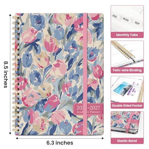 Planner 2026–2027, Academic Monthly Weekly Spiral Calendar, July 2026 – June 2027, Hardcover Agenda Notebook with Tabs, 6.3" x 8.5", Perfect for Students, Teachers, School & Daily Planning - Soft Blossoms - color: H-Soft Blossoms, size: (6.3"x8.5")a5