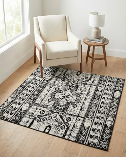 Rugs.com - Oregon Rug – 4 Ft Square Black and White Easy-Clean Rug – Bohemian Tribal Design for Entryways, Bedrooms, and Home Offices - color: Black and White, size: 4' x 4' (Square)
