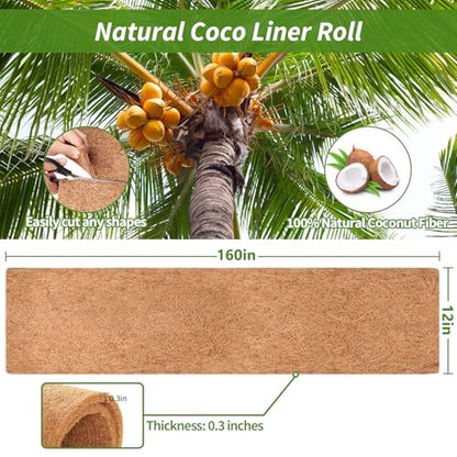 12X160 Inch Natural Coco Liner Roll, Coconut Liners for Planter Window Box Hanging Basket, Coconut Coir Roll Coco Fiber Mat for Garden Decoration DIY Moss Poles Pet Pad Reptiles Carpet