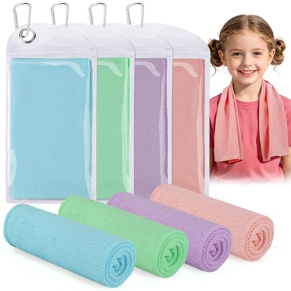 4 Pack Mini Cooling Towels (30"x9") - Kids Cooling Towel, Soft Breathable Cooling Neck Wraps with UPF 50 Sun Protection for Boys Girls Running Exercise Parent-child Activities School Outdoor Sports - color: Sky Blue & Pink & Purple & Green