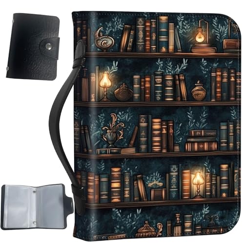 PU Leather Bible Cover with Handle & Pockets, Large Capacity Bible Case, Water-Resistant Scripture Organizer Bag with Bonus Card Holder, Christian Gift for Women & Men, Drawn Bookshelv - color: Drawn Bookshelv