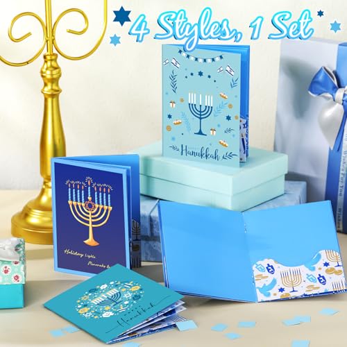 AmazingSpark 4 Set Hanukkah Gift Card Booklet Cardboard Mini Chanukah Money Holder Book for Cash David of Star Surprise Money Card Sleeve Book Hanukkah Party Gift for Birthday Holiday Appreciation - style: Hanukkah