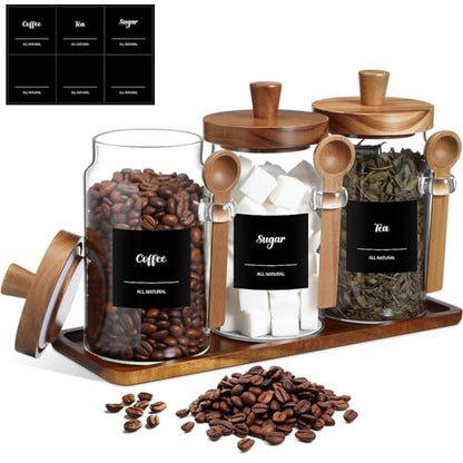3 Pcs Glass Coffee Container Wood Lid, 25 Oz, acacia Brown | Coffee Tea Sugar Canister Set, Airtight Jar Food Storage with Wood Spoon Tray Labels, Kitchen Counter Bar Organization - size: 25 oz