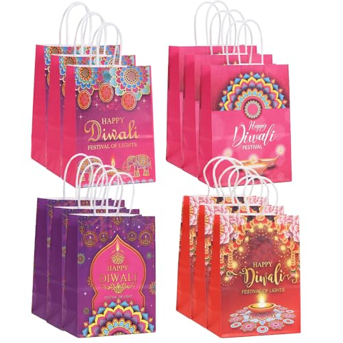 Colodeol 12 Pcs Diwali Gift Bags, Happy Diwali Tote Bags with Handles Paper Treat Bags Bulk for Indian Light Festival Party Decoration Favor - color: Diwali Red Rose Red 12