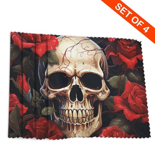 Placemats Set of 4 Heat Resistant Skull Rose-Red Place mat for Dining Table Non-Slip Table Mats Desktop Protection Pad Washable Place Mats for Kitchen Dining Outdoor - color: Skull Rose-red