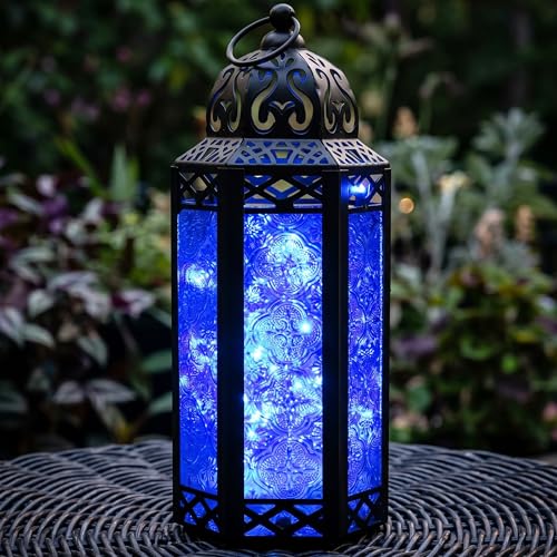 Vela Lanterns Decorative Indoor Fairy Light Candle Holder, Cobalt Blue, M | Fantasy Moroccan Decor, Ramadan & Eid, Wedding Table Centerpieces, Metal Hanging Bathroom Lamp, Outdoor Patio, 10.5" Tall - color: Black/Cobalt, size: Medium
