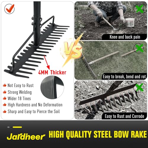 Bow Rake Heavy Duty, Long Handle Metal Rakes for Gravel, Rocks, Lawns Leaves, Soil Leveling, Landscaping, Garden Rake with 18 Steel Tines (59 Inches)