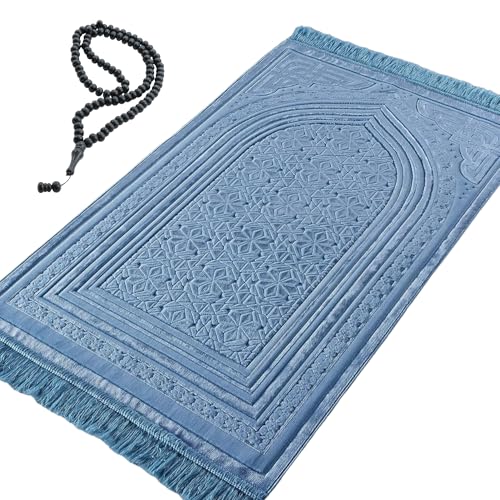 Modefa Luxury Velvet Prayer Rug with Prayer Beads | Soft Elegant Muslim Turkish Janamaz Sajada Carpet for Men and Women | Plain Solid Prayer Mat Ramadan Eid Gift - Najma (Najma Steel Blue) - color: Najma Steel Blue