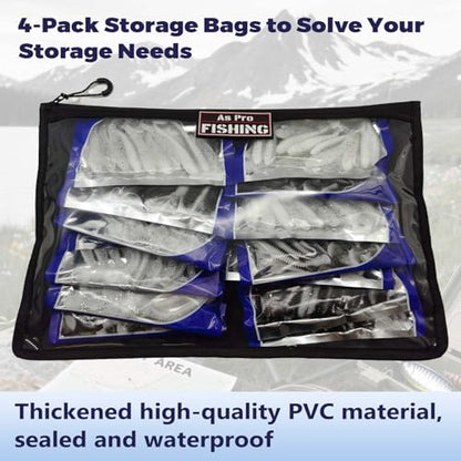4Pack Fishing Clear Tackle Storage Bag,Waterproof Plastic Storage Fishing Bag for Fishing Gear, Bait, Tackle, Lures and Soft Plastics,Built Tough, Massive Storage Fishing Gift Bag