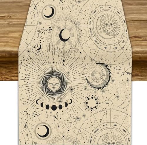Moon Phase Table Runner, Vintage Moonlight Beige Black Star Mandala Mystic Sun Moon Starry Sky Table Cover for Home Office Dinning Kitchen Table Decor, 13x36inch - color: Sun Moon-8, size: W13"x L36"