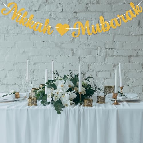 Nikkah Mubarak Banner - Eid Mubarak Decorations, Urdu Nikkah Decor, Glittery Desi Wedding/Engagement/Dulhan/Shaadi Party Decorations Gold Glitter