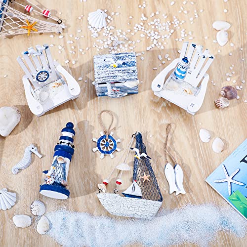 7 Pieces Wooden Box Wooden Lighthouse Mini Sailboat Anchor Fish Hanging Starfish Model Spring Summer Easter Tree Ornament Decoration Aquarium Decor Landscape Tank Ornament Office Mini Garden Landscape - style: Classic