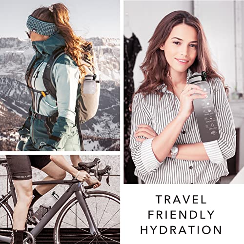 Hyeta Water Bottle with Straw & Time Marker, Plastic 32oz Leakproof | Motivational Tritan BPA Free Gym Office Outdoor Intake Tracker Hourly Reminder Straw Lid Carry Strap - color: Gray-Black