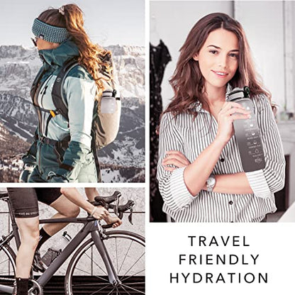 Hyeta Water Bottle with Straw & Time Marker, Plastic 32oz Leakproof | Motivational Tritan BPA Free Gym Office Outdoor Intake Tracker Hourly Reminder Straw Lid Carry Strap - color: Gray-Black