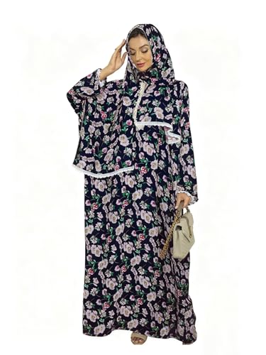 Women's Ditsy Floral Print Zipper Design Hooded Arabian Dress Modest Bishop Sleeve Long Sleeve Maxi Muslim Dress for Women - color: Dark Blue, size: One Size
