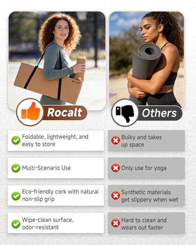 Rocalt Foldable Cork Yoga Mat, Non Slip Travel Pilates Workout Mat | 69 x 24 x 0.25 in, accordion-fold design, POE backing, carry strap for yoga, stretching and travel