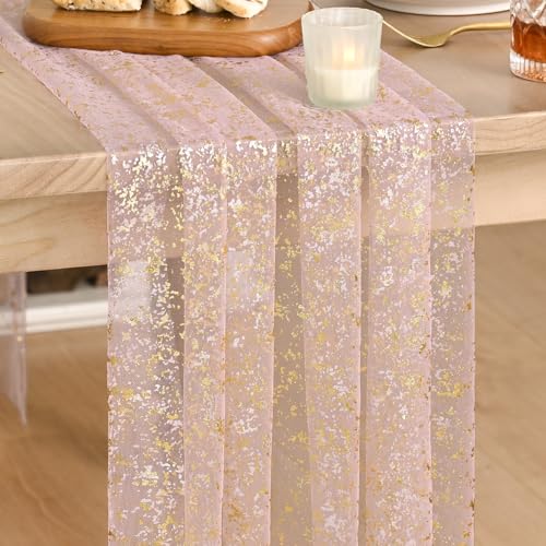 Artoid Mode Gold Gauze Pink Table Runner 120 Inch 10FT, Glitter Metallic Foil Sheer Dining Wedding Anniversary Holiday Birthday Table Decor for Home Party - color: Pink Gold, size: 28" x 120"