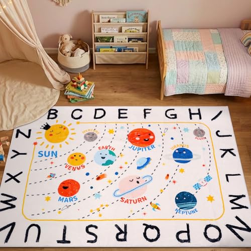 ABC Space Kids Rug,3'3" x 4'11" Non-Slip Solar System Alphabet Rugs, Washable Rug, Soft Plush Educational Large Rug for Classroom playroom Bedroom Kids Room Decor(for Age 2+) - size: 3'3" x 4'11" (Rectangular)