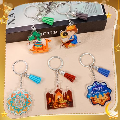 HOWAF 12pcs Eid Ramadan Keychains Set, Eid Mubarak Acrylic Keychain Making Kits with Rings and Tassels, Ramadan Mubarak DIY Craft Keyring for Muslim Celebration Gift Set