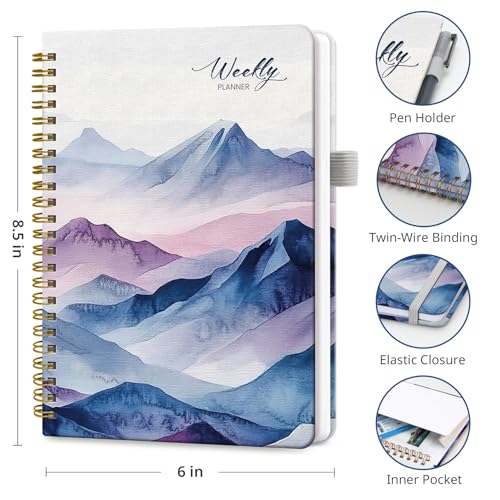 Taja Undated Weekly Planner, Weekly To Do List Notebook with Goal & Habit Tracker Organizer, A5 Weekly Planner Notebook with Spiral Binding, 6.1" x 8.2" - Distant Peaks - color: k.Distant Peaks