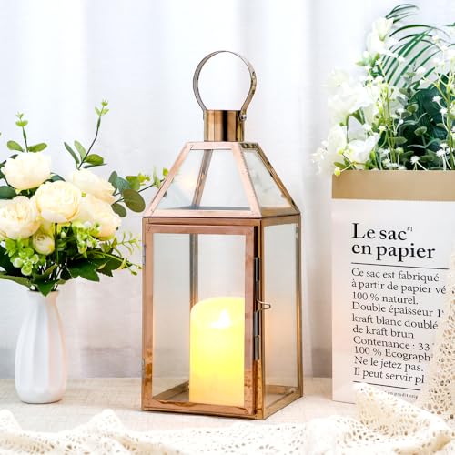 JHY Design Rose Gold Decorative Lanterns 16 inch High Stainless Steel Candle Lanterns with Tempered Glass for Indoor Outdoor Events Parities and Weddings - color: Rose Gold