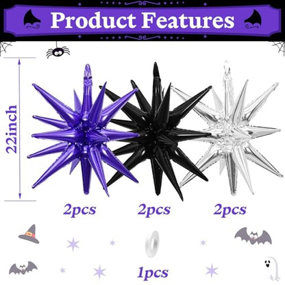 Black Purple Silver Star Balloons, 6PCS 22 Inch Foil Explosion Star Balloon - color: Black Purple Silver