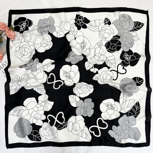 FONYVE Silk Feeling Scarf Medium Square Satin Head Scarf for Women 27.5 × 27.5 inches - color: 03 White & Black Flowers