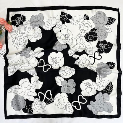 FONYVE Silk Feeling Scarf Medium Square Satin Head Scarf for Women 27.5 × 27.5 inches - color: 03 White & Black Flowers