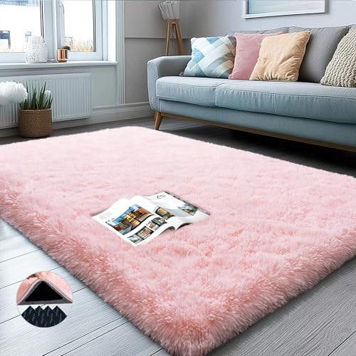 3x5 Pink Fluffy Shaggy Area Rug, Soft Plush Small Carpet for Living Room - color: Pink, size: 3' x 5' (Rectangular)