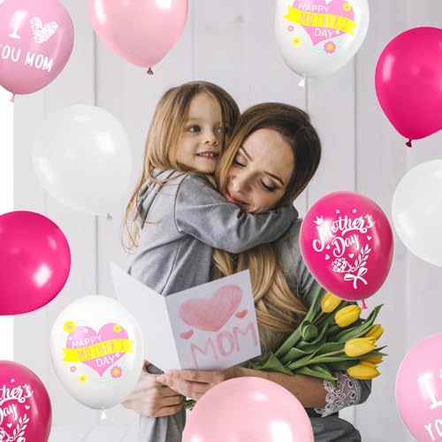 Paready Mother's Day Balloons, 60 Pcs Pink White Mom Print Party Decor - color: Mom